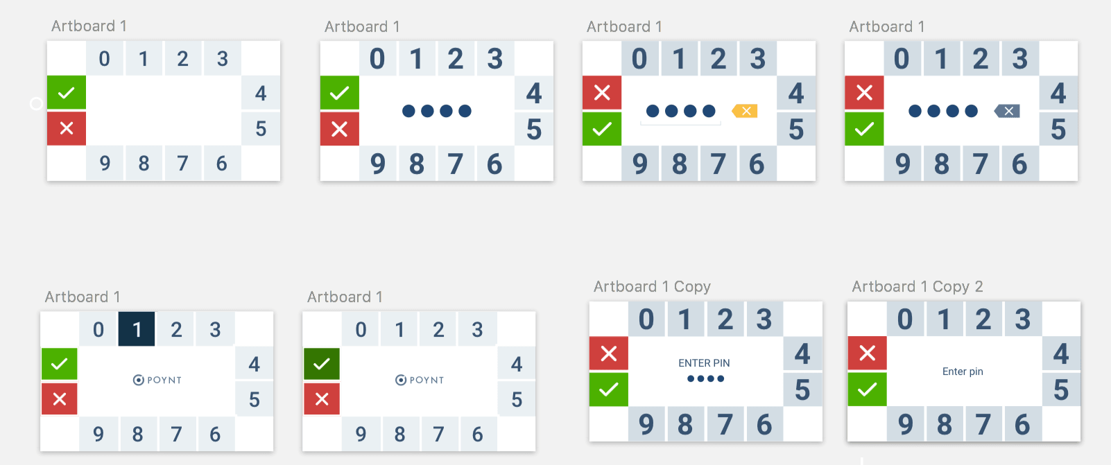 Eight artboards exploring the PIN entry interface, from a circular layout to a grid