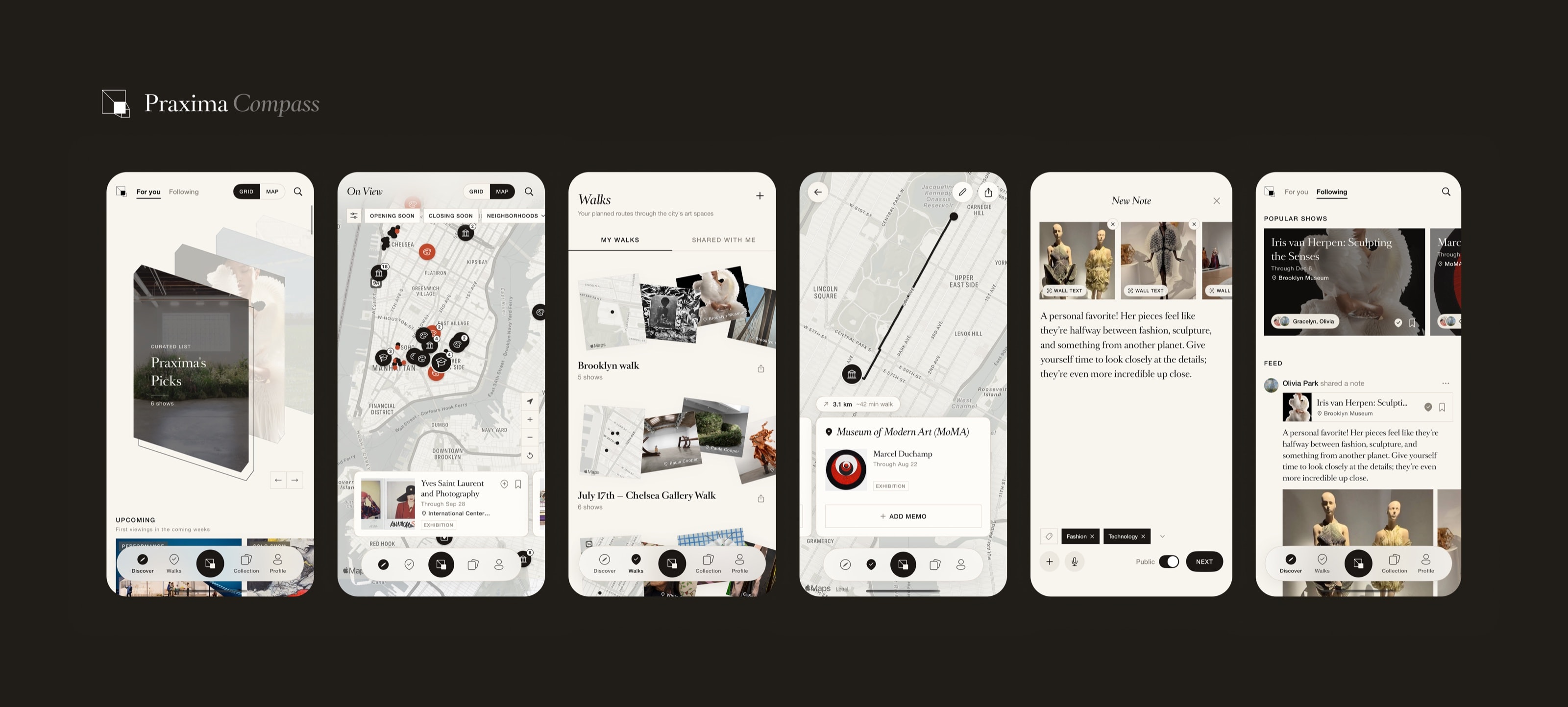 Six screens from the app: the For You feed, On View on the map, Walks, a venue card pinned on a route, a new note, and the following feed