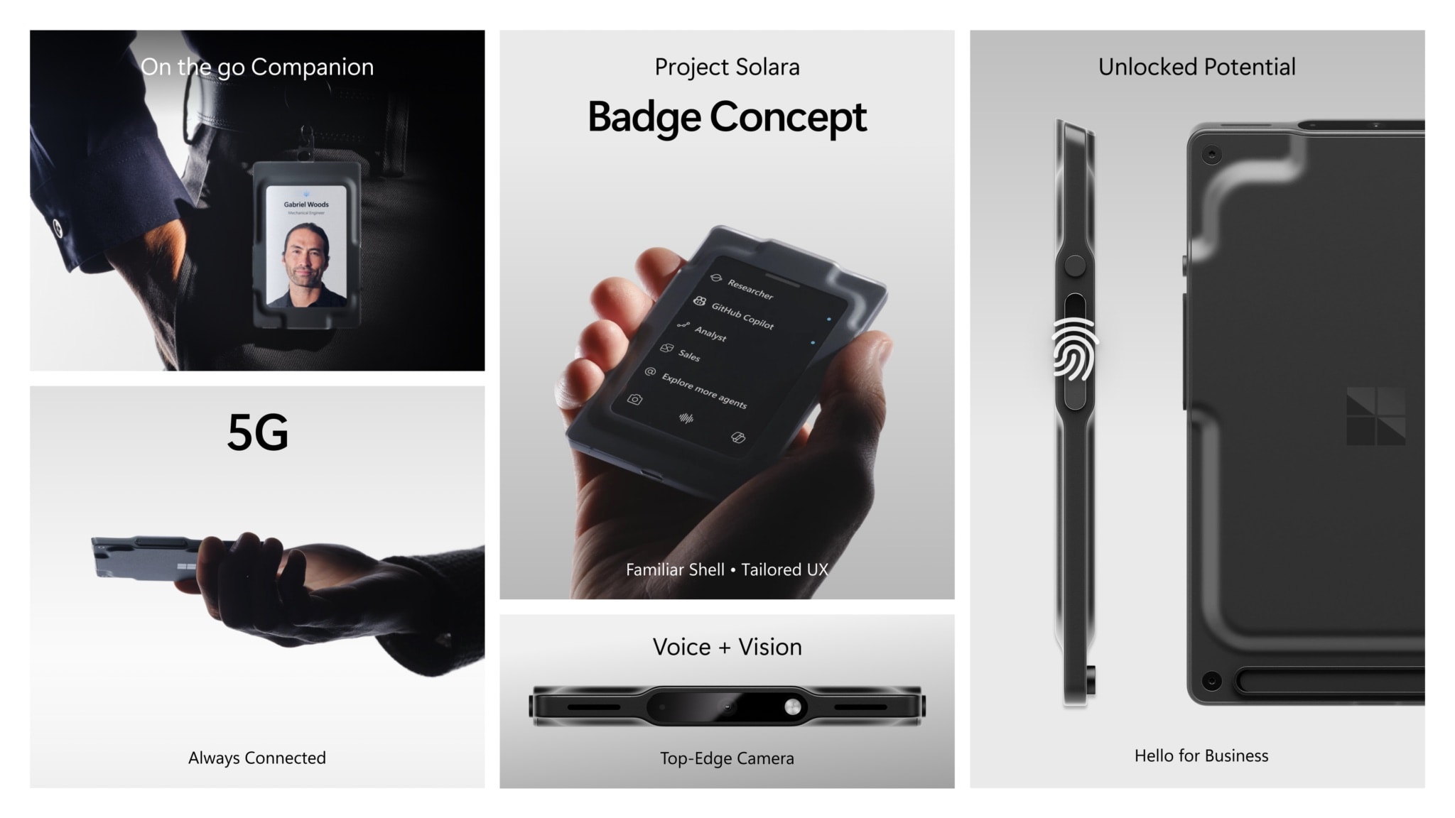 Badge concept: worn on a lanyard, held in one hand showing a list of agents, top-edge camera for voice and vision, fingerprint sensor for Hello for Business, 5G