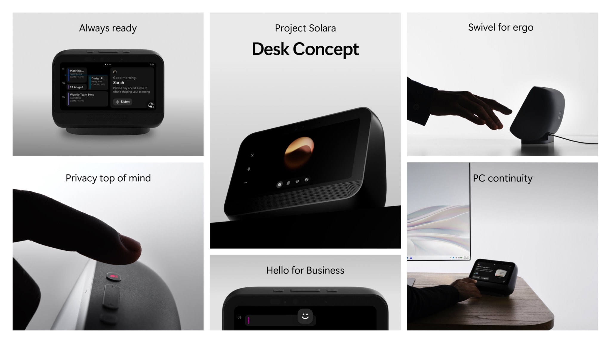 Desk concept: a briefing card on the always-ready screen, a hardware privacy control, a swivel mount, face authentication, and the device acting as a PC companion