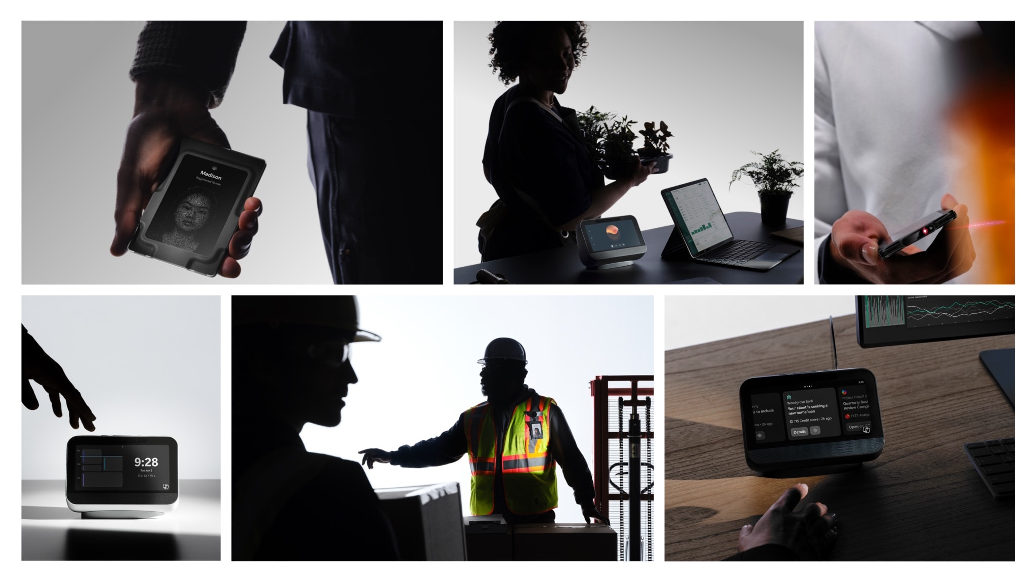 Project Solara devices in use across settings — a badge worn on a lanyard, a desk companion in an office, a worker in hi-vis and a hard hat, a briefing card on a desk device