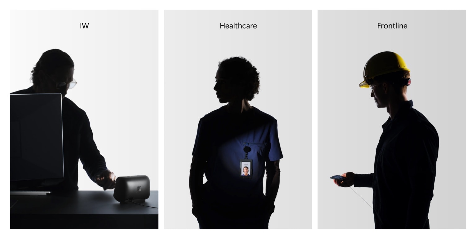 Three silhouetted workers labelled IW, Healthcare, and Frontline — at a desk with a companion device, in scrubs wearing a badge, and in a hard hat holding one