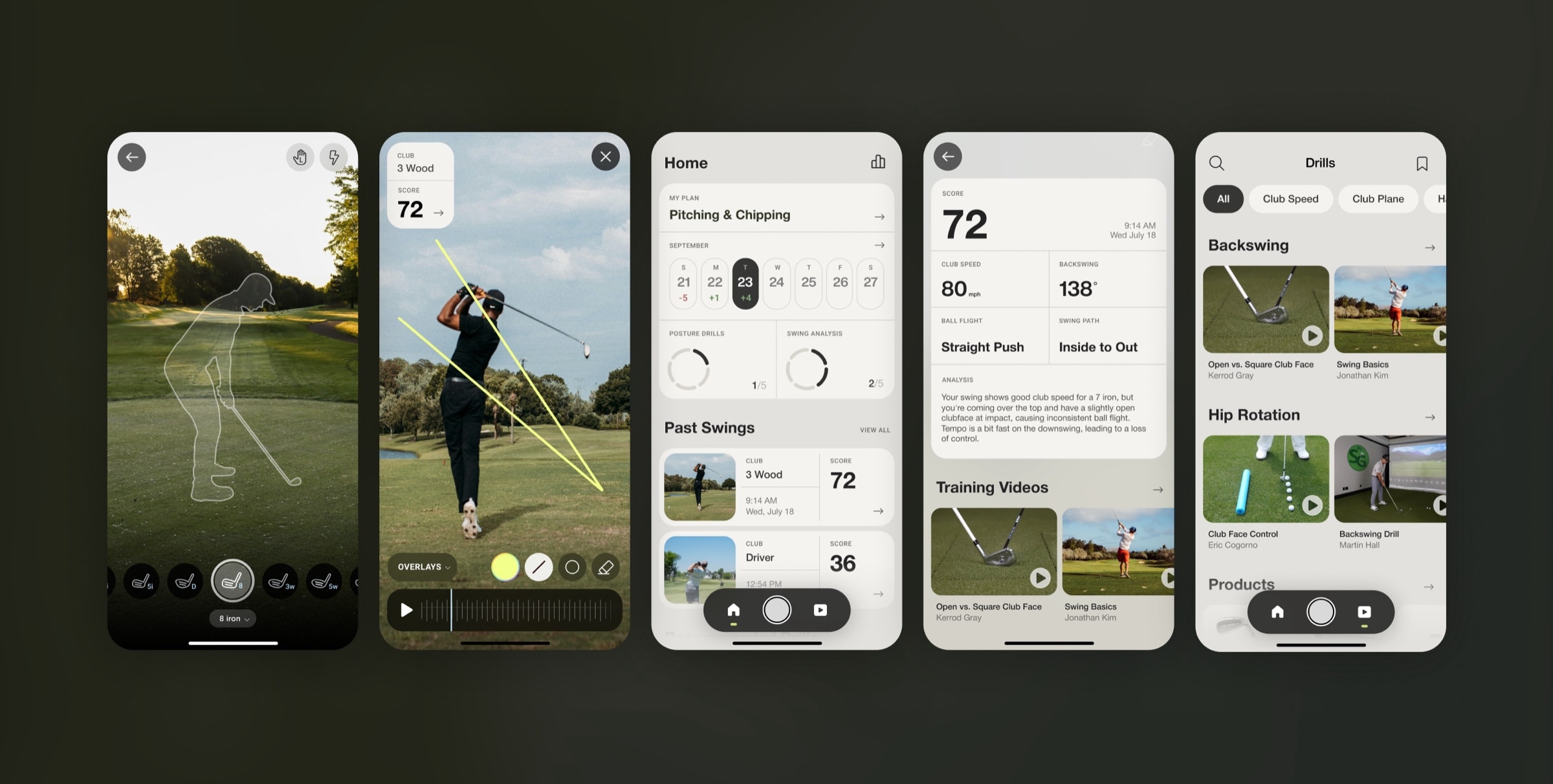 Five screens from the app: swing capture, playback with overlay, home, past swings, and drills