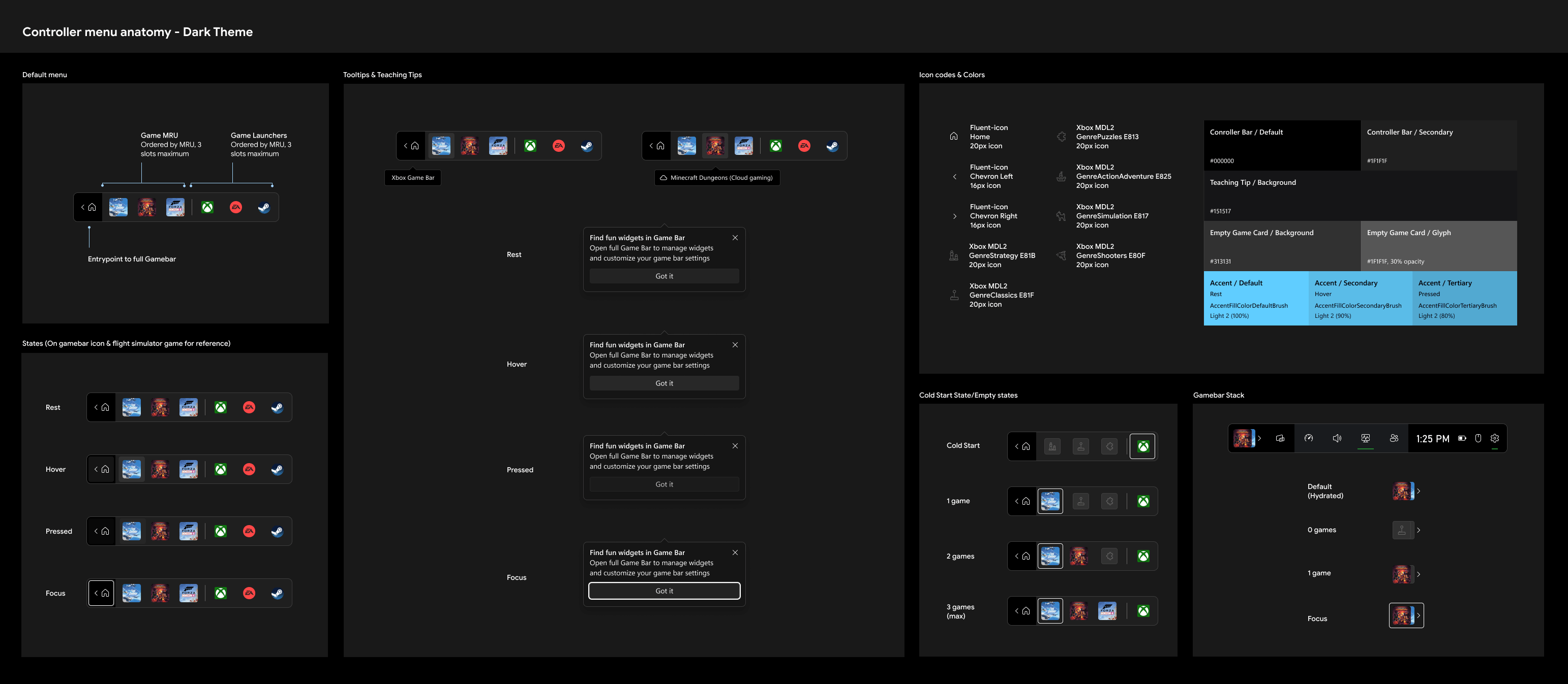 Controller Bar anatomy redlines in dark mode, with spacing and Narrator order