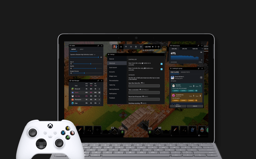 Game Bar with its widget panels open, alongside a controller