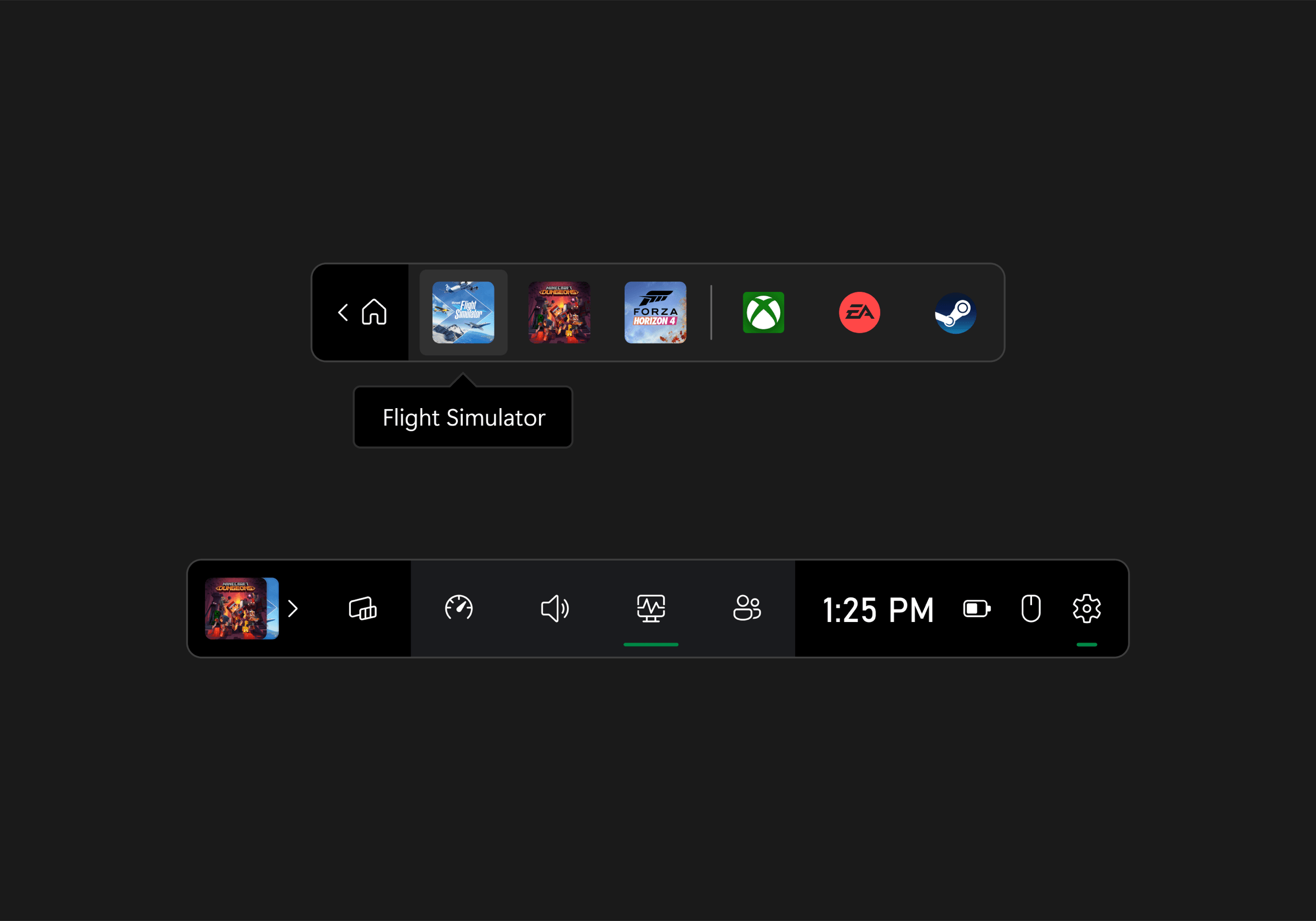 Controller Bar in Game Bar, showing recent games and launchers